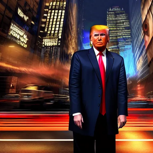 Image similar to donald trump as a GTA style character on a loading screen, 4k, high detail, high-resolution photograph, professional photography, ultra-detail