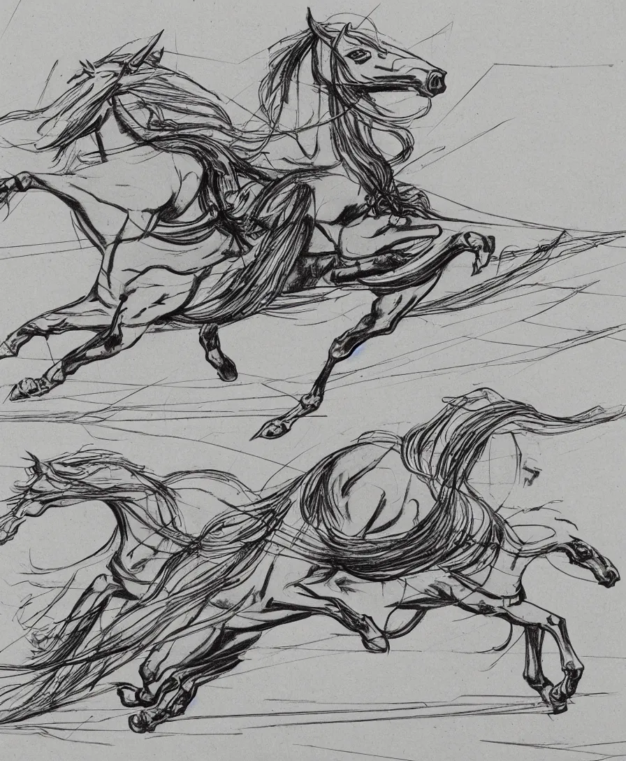 Prompt: Davinci sketches flying horses in the style of Syd Mead