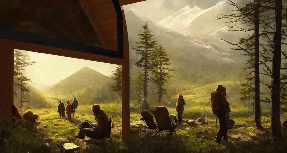 Image similar to cabela's beautiful comfortable modular insulated container home wall kit - house all weather family dwelling tent house, person in foreground, mountainous forested wilderness open fields, beautiful views, painterly concept art, environmental concept art, concept art illustration, by james gurney, by craig mullins, by greg rutkowski trending on artstation