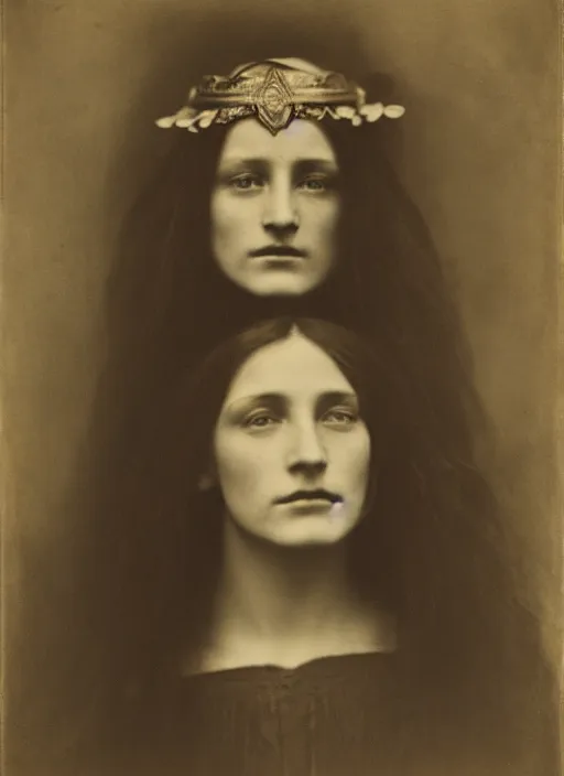 Image similar to portrait of young woman in renaissance dress and renaissance headdress, art by julia margaret cameron