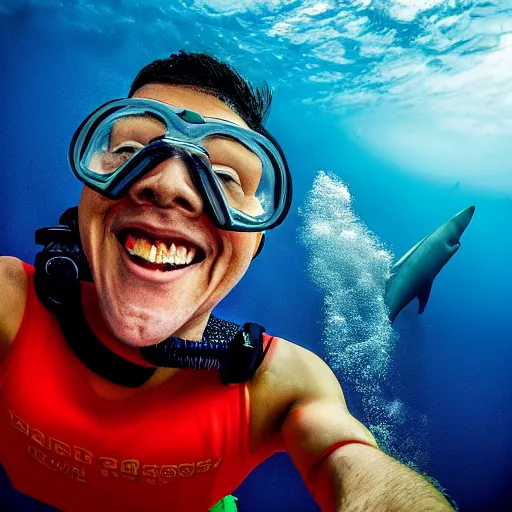 Image similar to the last selfie by a scooba diver moments before being eaten by a gigantic megalodon shark, ultra detailed, hyper realistic, volumetric lighting, 2 0 mm lens