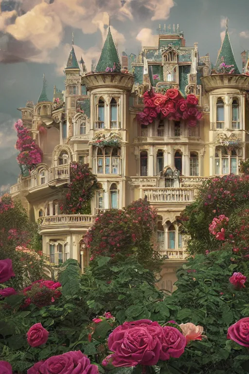 Image similar to The front of the white Rococo-style castle is full of roses, Art Nouveau Cosmic 4k Detailed Matte Illustration featured on Getty Images ,CGSociety, Jade and Carrot orange color scheme, Pastiche by Marc Simonetti, Pastiche by Cedric Peyravernay