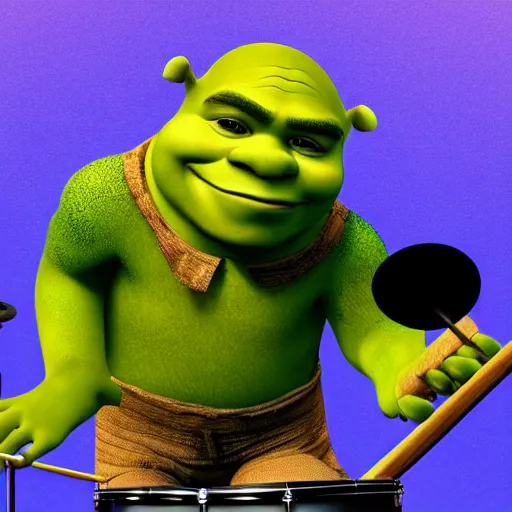 Image similar to Shrek playing the drums, render animation, 4k