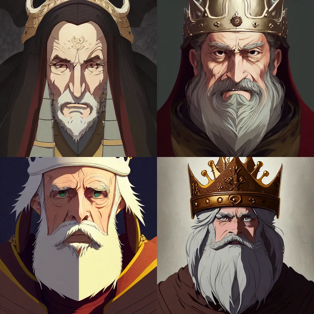 Prompt: portrait of medieval old king, artstation, cartoon, elegant highly detailed digital painting, concept art, smooth, sharp focus, illustration, art studio ghibli, makoto shinkai, don bluth, fujita goro, jean giraud, atey ghailan, akihiko yoshida, tom whalen, fadeev