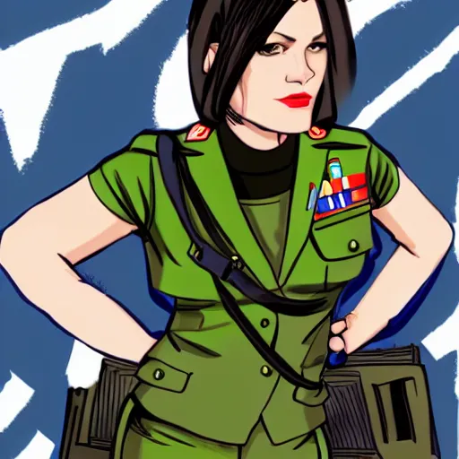 Prompt: brunette woman, short hair, flipped out ends hair, bright green eyes, fascistic military uniform, smirk, cartoon style