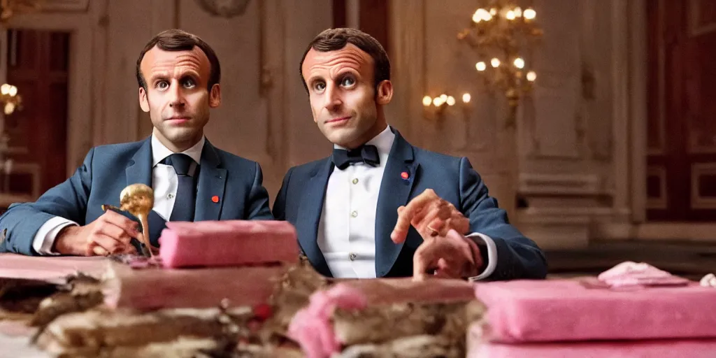 Image similar to still of Emmanuel Macron in The Grand Budapest Hotel (2014), cinematic