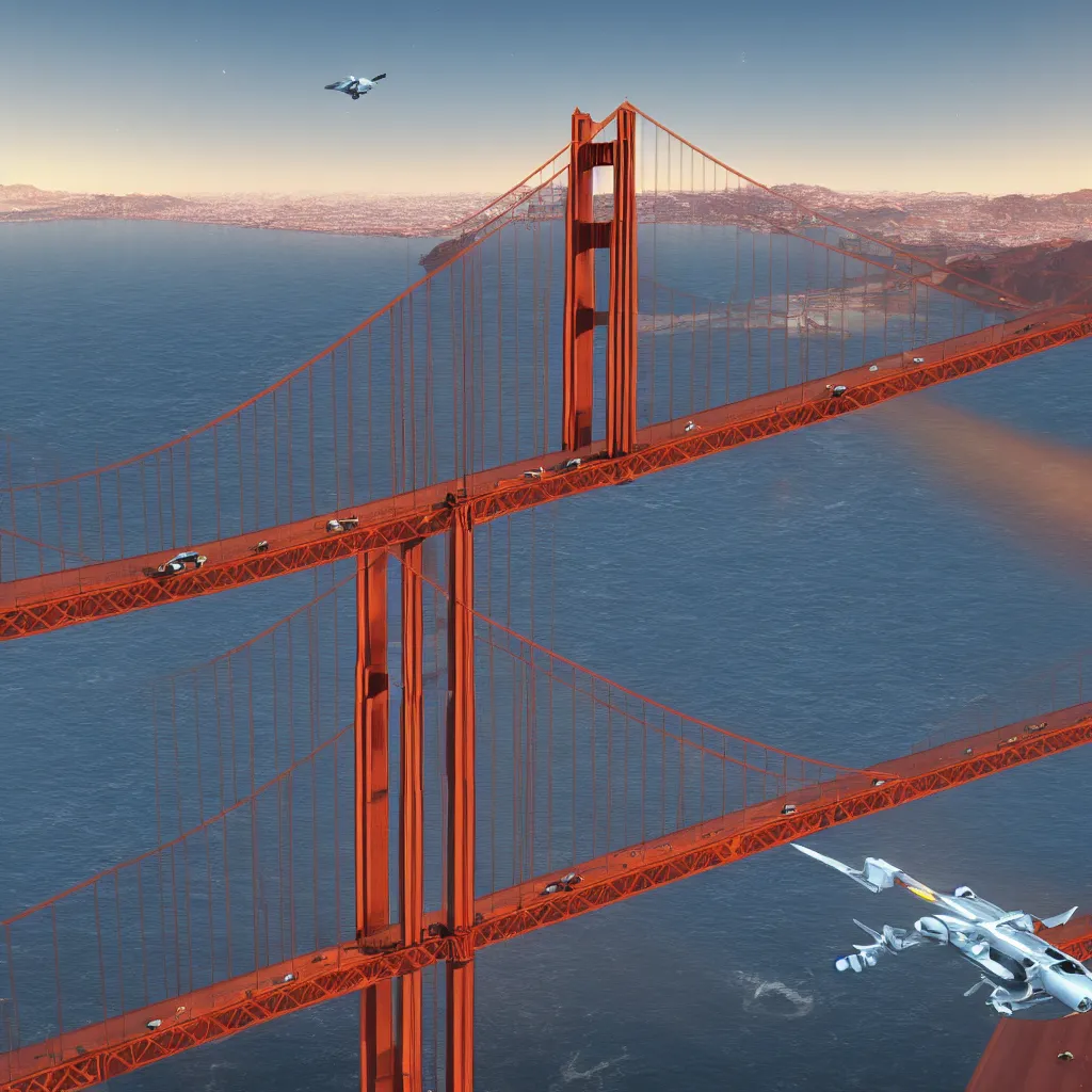 Image similar to A Volvo spaceship flying over the Golden Gate Bridge, cinematic lighting ultra detail ultra realistic photo realistic octane render 4k