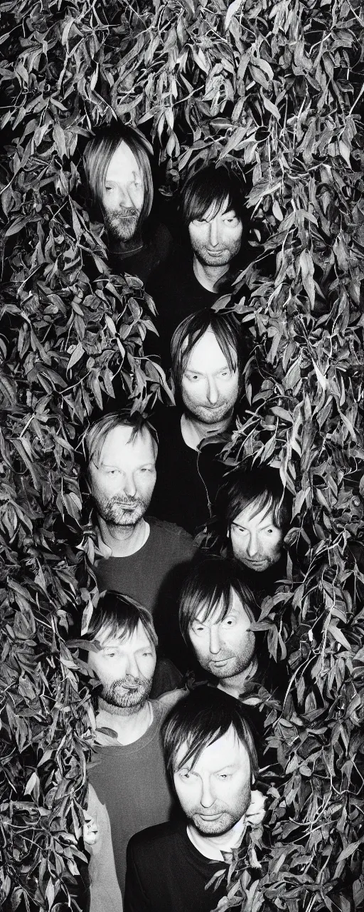 Prompt: disco diffusion portrait of Radiohead, hiding in the bushes looking shifty