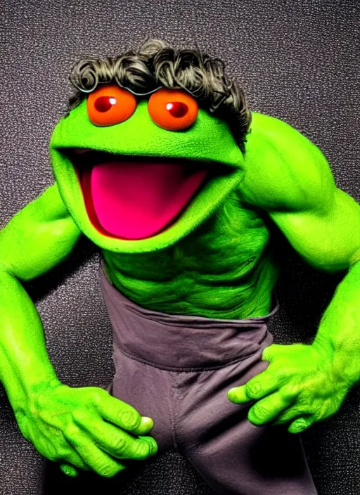 Image similar to Kermit the frog dressed as hulk”, detailed