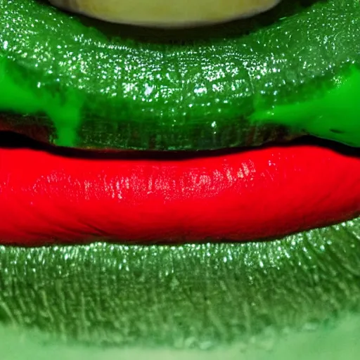 Prompt: medium shot open human mouth with thick viscous green slime oozing out, thick red lips, human staring blankly ahead, melancholy, unsettling, art house film aesthetic, color grain 3 5 mm, hyperrealism, 8 k, high detail, sharp focus, masterpiece, moma, contemporary art, photography