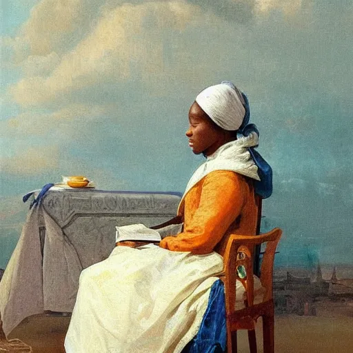Image similar to A beautiful installation art of a lady with a blue scarf on her head, sitting in a chair with her eyes closed. cloudpunk by Paulus Potter robust, riotous