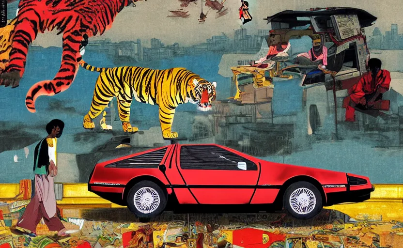 Image similar to a red delorean and a yellow tiger in ajegunle slum of lagos - nigeria, painting by hsiao - ron cheng, utagawa kunisada & salvador dali, magazine collage style,