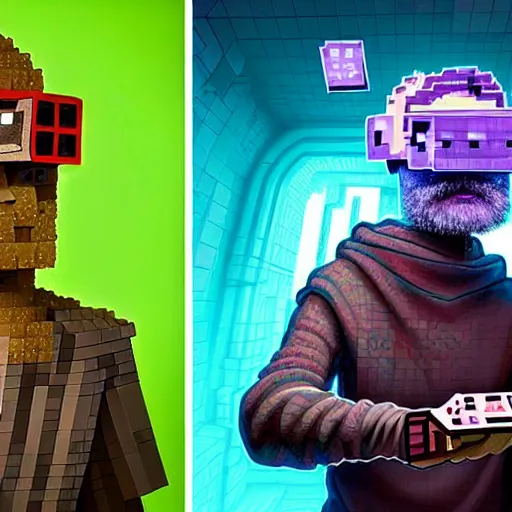 Image similar to Colour Photography of 1000 years old man with highly detailed 1000 years old face wearing higly detailed cyberpunk VR Headset designed by Josan Gonzalez Many details. Man playing Minecraft in VR . In style of Josan Gonzalez and Mike Winkelmann andgreg rutkowski and alphonse muchaand Caspar David Friedrich and Stephen Hickman and James Gurney and Hiromasa Ogura. Rendered in Blender