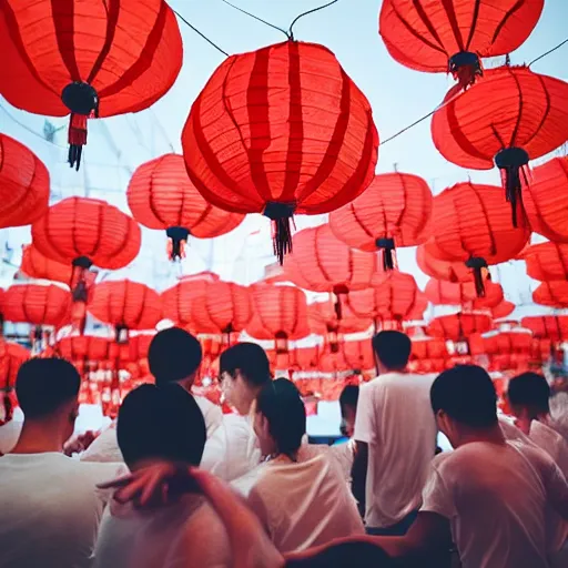 Image similar to a tiny night club with five red chinese lanterns, people's silhouettes close up, wearing white t - shirts that glow in the dark, minimalism, darkness