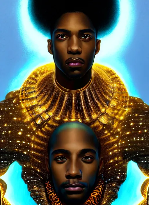 Image similar to portrait of young black man with glowing jewels, afro - futurist style, intricate, elegant, glowing holographic screen, highly detailed, digital painting, artstation, concept art, smooth, sharp focus, illustration, art by wlop, mars ravelo and greg rutkowski