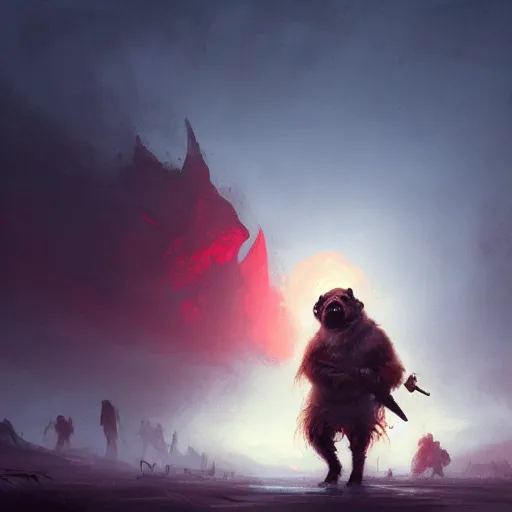 Image similar to anthropomorphic pug, alone on a battlefield surrounded by corpses of animals, horror , backlight, red sky, highly detailed, digital painting, artstation, concept art, matte, sharp focus, illustration, by Greg Rutkowski and frazetta