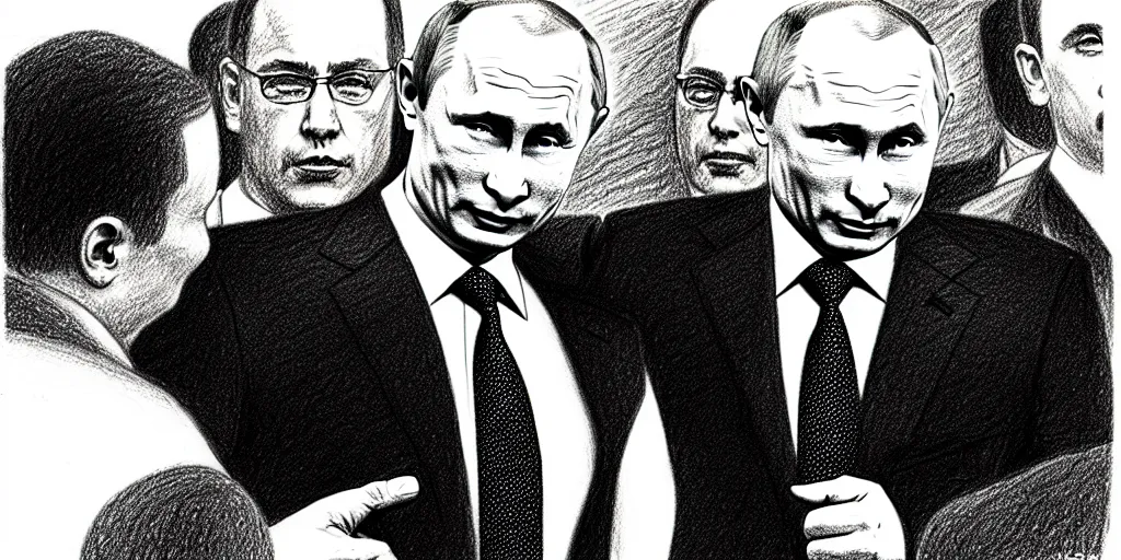 Image similar to vladimir putin being kicked out of a bar, cartoonish, ultra detailed pencil drawing