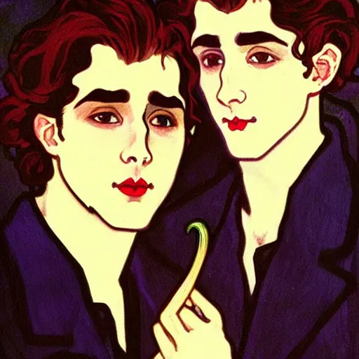 Prompt: painting of young cute handsome beautiful dark medium wavy hair man in his 2 0 s named shadow taehyung and cute handsome beautiful min - jun together at the halloween! party, ghostly, haunted, ghosts, autumn! colors, elegant, wearing suits!, clothes!, delicate facial features, art by alphonse mucha, vincent van gogh, egon schiele