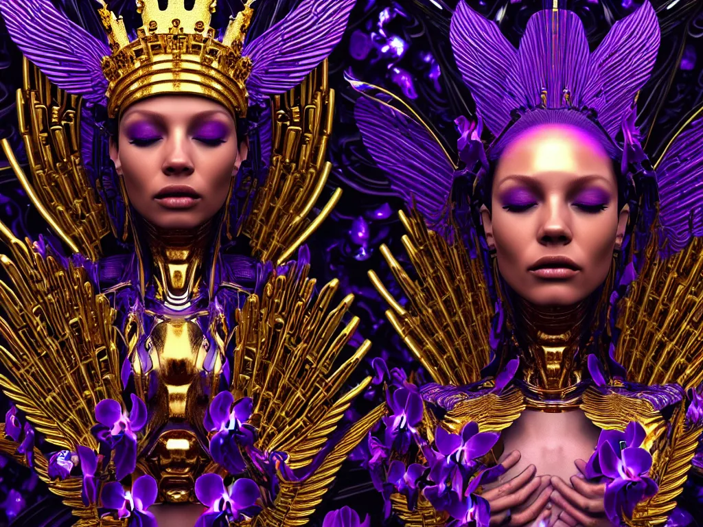 Prompt: beautiful robot with a gold crown by alex grey + orchids dripping black iridescent liquid, winged victory, moody, dramatic, introspective, marble columns in background, transcendent, vibrant color, ornamented, clean linework, finely detailed, 4 k, trending on artstation, photorealistic, volumetric lighting, octane render