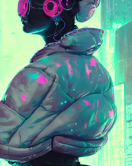 Image similar to detailed portrait Neon Operator Girl, cyberpunk futuristic neon, reflective puffy coat, decorated with traditional Japanese ornaments by Ismail inceoglu dragan bibin hans thoma greg rutkowski Alexandros Pyromallis Nekro Rene Maritte Illustrated, Perfect face, fine details, realistic shaded, fine-face, pretty face