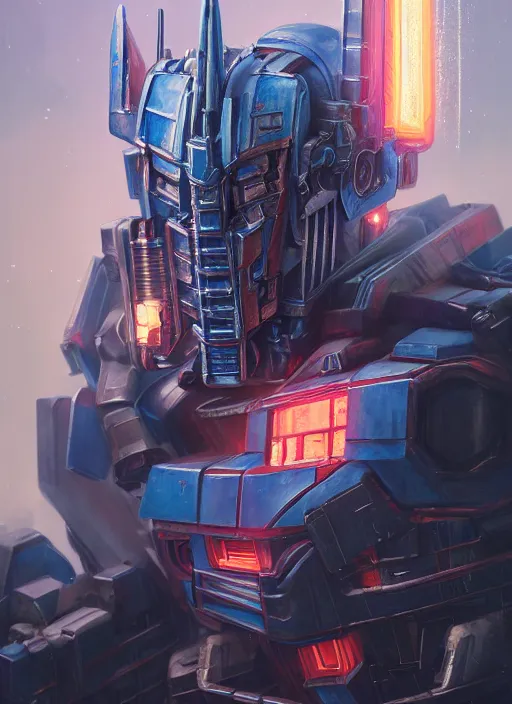 Image similar to Highly detailed portrait of Optimus Prime, Stephen Bliss, unreal engine, fantasy art by Greg Rutkowski, Loish, Rhads, Makoto Shinkai and Lois van baarle, ilya kuvshinov, rossdraws, Tom Bagshaw, global illumination, radiant light, detailed and intricate environment