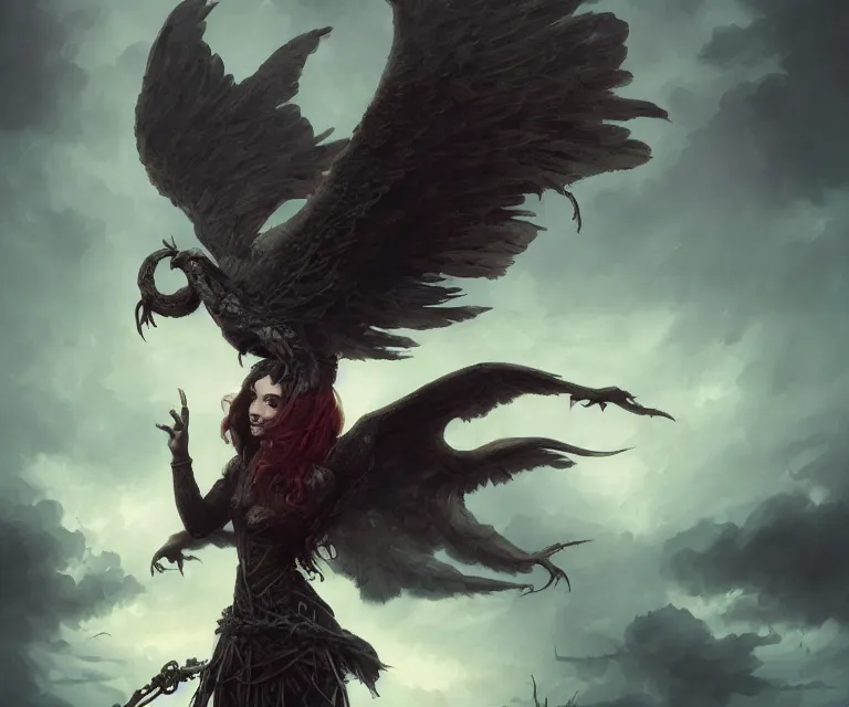 Prompt: a beautiful portrait of a fallen dark angel, horror, backlit, gloomy sky, highly detailed, elegant, digital painting, by greg rutkowski and peter mohrbacher and dan mumford and justin gerard, vivid colors, detailed shading, 8 k resolution, intricate, smooth