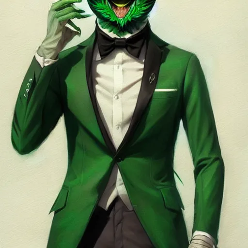 Image similar to a half human half owl creature wearing a green tuxedo suitCharacter design by charlie bowater, ross tran, artgerm, and makoto shinkai, detailed, inked, western comic book art, 2021 award winning painting,digital art,ultra realistic,ultra detailed,art by greg rutkowski,hyperdetailed,photorealistic