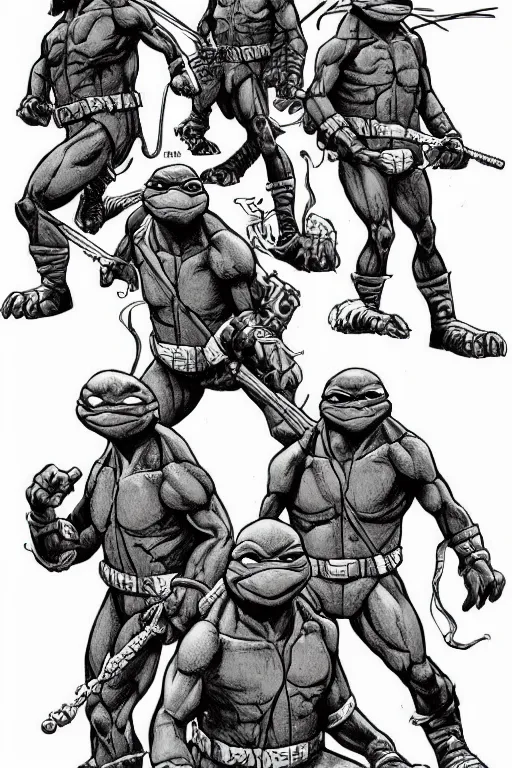 Prompt: jodeci as the teenage mutant ninja turtles, full body, pen an ink, comic books style, very detailed, by eric talbot, artstation, pinterest