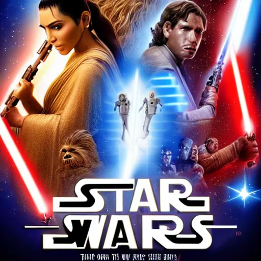 Image similar to super detailed star wars movie poster with Jesus Christ and kim kardashian, 8k full HD photo, cinematic lighting, anatomically correct, oscar award winning, action filled, correct eye placement,