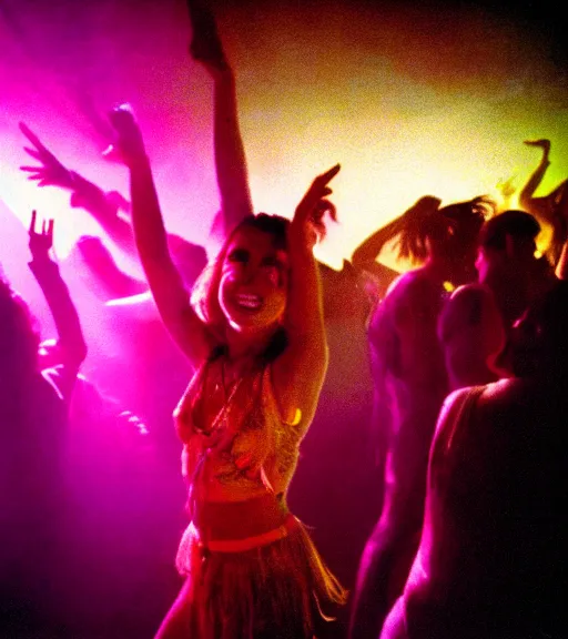 Image similar to portrait of a stunningly beautiful young hippie girl dancing at a crowded rave, rave lighting, stage lighting, lasers, spotlights, extremely colourful, epic cinematic lighting, smiling, pretty, alluring, by bruce davidson