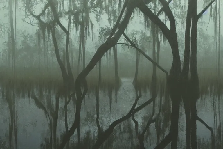 Image similar to scene from louisiana swamps, farm, big oak, pentagram, voodoo, artwork by tim eitel