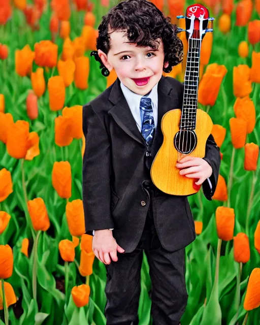 Prompt: tiny tim with long curly black hair wearing a plaid suit tiptoes thru the tulips holding his ukelele full portrait shot by mandy jurgens, wow, just had his hair did, can you beleive that haircut?, 4k, digital art,