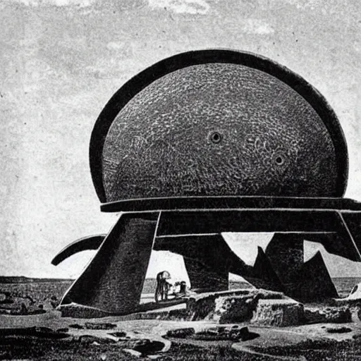 Prompt: daguerrotype of alien spaceship discovered in archeological site 1 9 0 0