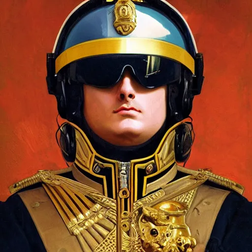 Prompt: portrait of divine emperor napoleon bonaparte as maverick in top gun, handsome, jet pilot, visor, dieselpunk steampunk napoleonic french baroque, metal shoulder pauldrons, intricate, highly detailed, digital painting, artstation, concept art, sharp focus, cinematic lighting, illustration, art by artgerm and greg rutkowski, alphonse mucha, cgsociety