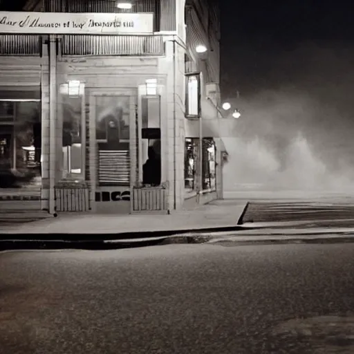 Image similar to A stunningly beautiful award-winning 8K high angle cinematic movie photograph of a foggy main intersection in an quiet 1950s small town at night, by Edward Hopper and David Fincher and Darius Khonji, cinematic lighting, perfect composition, moody low key volumetric light. Color palette from Seven, greens yellows and reds. 2 point perspective