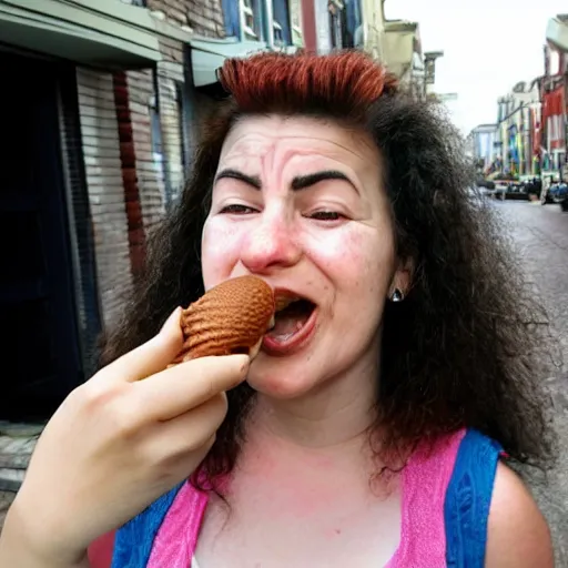 Prompt: a woman with ice cream for hair