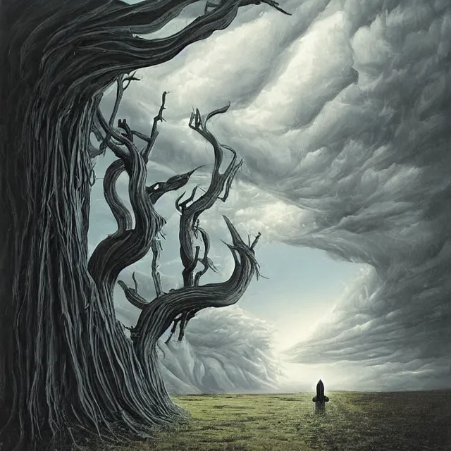 Prompt: a normal doorway leading to an endless twisting inverted nightmare landscape, rhads!, strange trees and clouds, a hooded figure, a lone adventurer, ( h. r. giger )