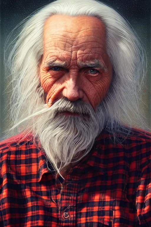 Image similar to an old man wear plaid red shirt + long grey hair + no beard is the man who know everything in the universe by karol bak, james jean, tom bagshaw, rococo, sharp focus, trending on artstation, cinematic lighting, hyper realism, octane render, 8 k, hyper detailed, vivid, ultra detailed, highly detailed