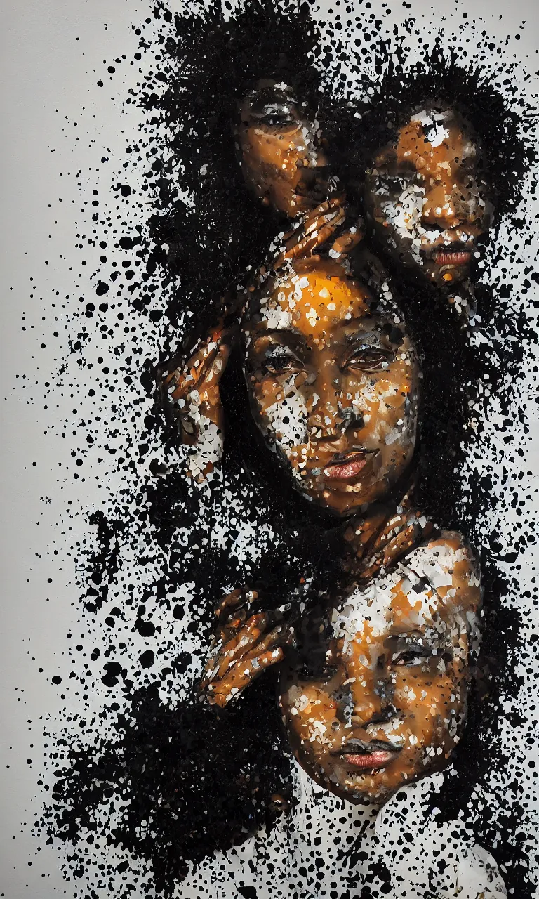 Prompt: Beautiful African American woman surrounded by ferrofluid painting Sachin Ten, asymmetric, dark vibrations, Realistic painting, Organic painting, Matte painting, geometric shapes, hard edges, graffiti, street art:2 Sachin Ten:4,