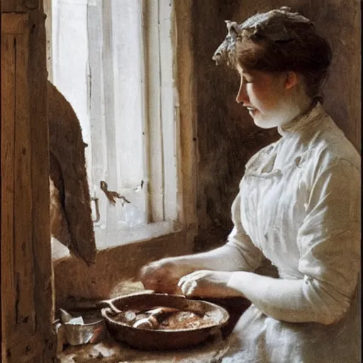 Image similar to a young edwardian woman baking bread in a cozy french kitchen, in the style of Anders Zorn