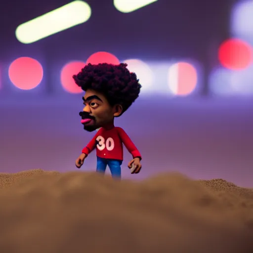 Image similar to a cinematic film still of a claymation stop motion film starring chance the rapper as a college student, shallow depth of field, 8 0 mm, f 1. 8