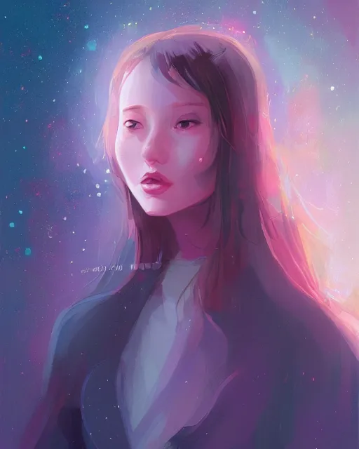 Prompt: beneath the stars, portrait by wlop, loish, lois van baarle, digital art