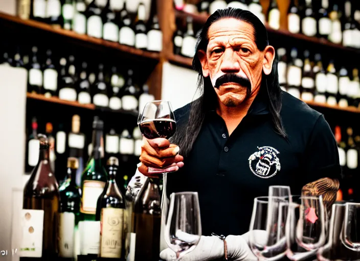 Image similar to photo of danny trejo working as a sommelier, 8 k, 5 2 mm f 1. 8