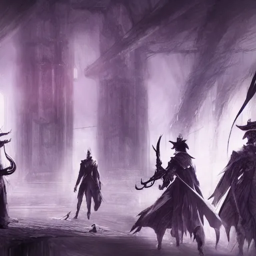 Image similar to a group of hunter from bloodborne sitting next to each other in a room, concept art by yoshiyuki tomino, behance contest winner, retrofuturism, toonami, redshift, official art