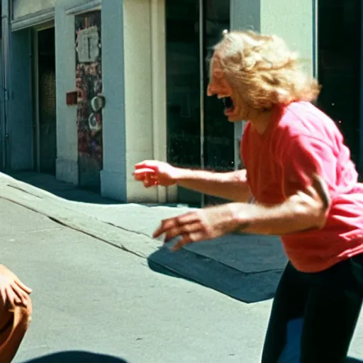 Image similar to candid photo of Aphex Twin chasing an old lady down the street, sunny day,