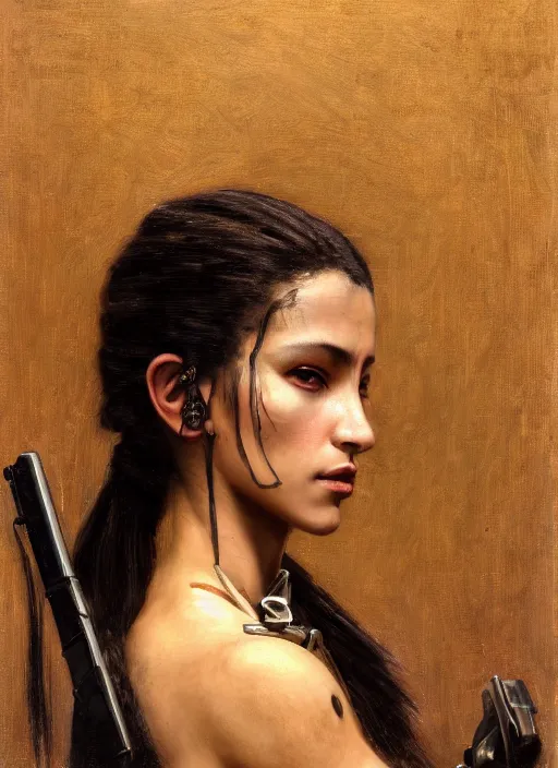 Prompt: Maria. beautiful cyberpunk Samurai woman wearing a military vest and military jumpsuit (cyberpunk 2077). gorgeous african face. Iranian orientalist portrait by john william waterhouse and Edwin Longsden Long and Theodore Ralli and Nasreddine Dinet, oil on canvas. Cinematic, hyper realism, realistic proportions, dramatic lighting, high detail 4k