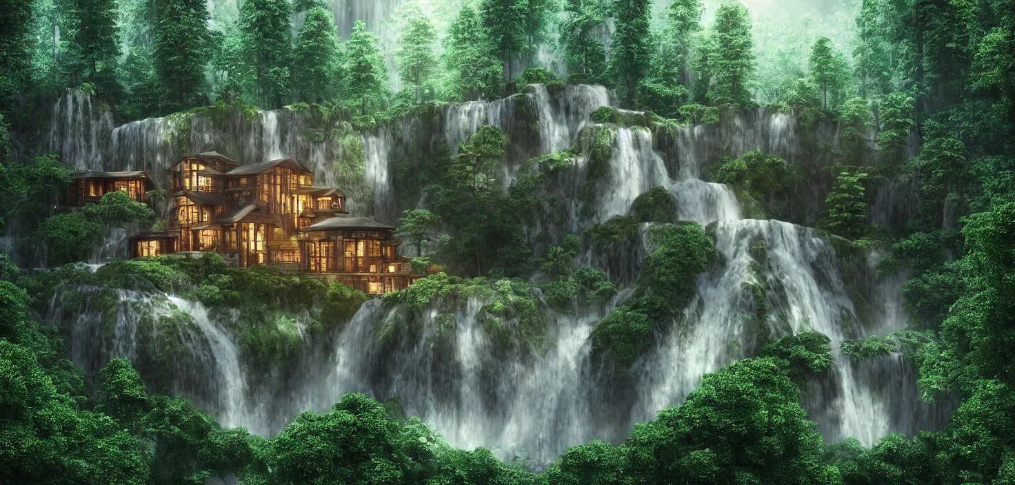 Image similar to beautiful big house in the forest, a big waterfall flows down from the mountain, octane render, fabulous, hyper detailed, random cinematic view, no noise, global illumination, warm lighting, volumetric, godrays, vivid, beautiful, by camila venegas