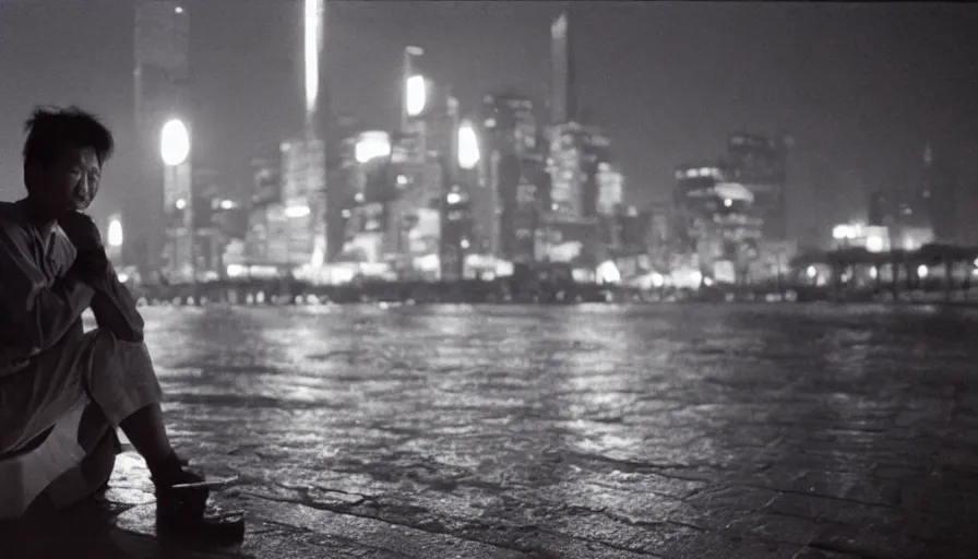 Image similar to 80s asian neon movie still with a man smoking cigarette by the river at night with lights city lights behind his back. Fallen angels still. hyperrealistic, high definition, medium format photography, highly detailed, tehnicolor