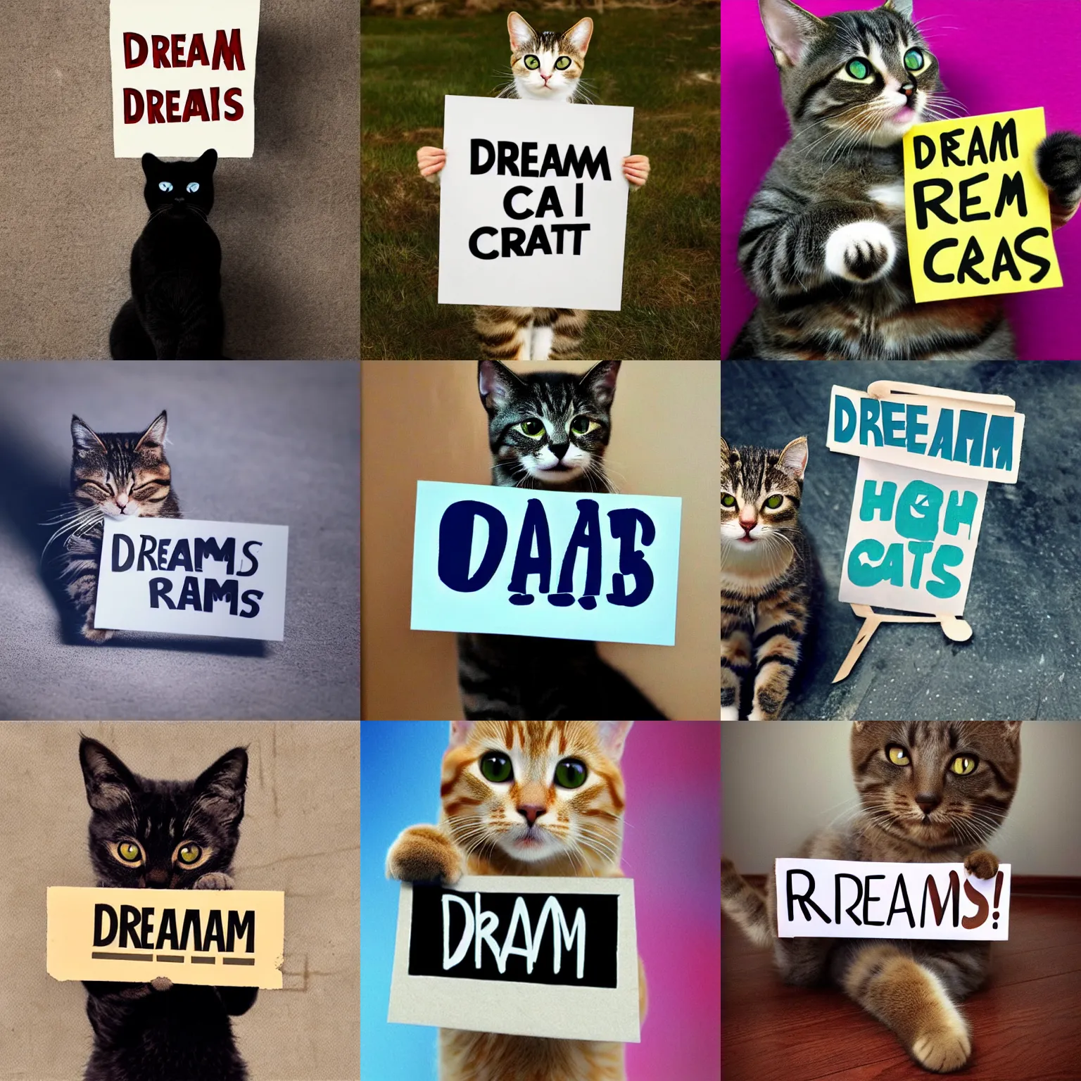 Image similar to realistic high quality photo of a cute cat holding a sign with text that reads : dream cats