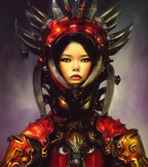 Image similar to portrait of strong korean female chaos angel, beautiful! coherent! by frank frazetta, by brom, strong line, vivid neon color, spiked scrap metal armor, iron helm, high contrast, maximalist